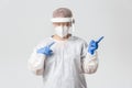 Medical workers, covid-19 pandemic, coronavirus concept. Intrigued and curious female doctor in PPE, physician wearing Royalty Free Stock Photo