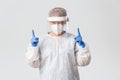 Medical workers, covid-19 pandemic, coronavirus concept. Surprised and curious female doctor, physician in personal Royalty Free Stock Photo