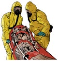 Medical Workers in Protective Suits with Stretcher