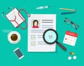 Medical working table desk top view with insurance or patient prescription document form vector flat cartoon Royalty Free Stock Photo
