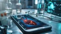 Medical workspace featuring a 3d heart model on a smartphone's advanced e-health application