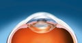 Human eye with artificial lens, medically 3D illustration