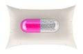 Medicament capsule on the pillow. Hypnotic, sleeping pills concept. 3D rendering Royalty Free Stock Photo