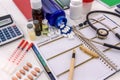 Medicaments with diary on the table close up Royalty Free Stock Photo