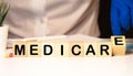 Medicare word - in letterpress wood block on white background