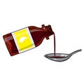 Medicated syrup, cough syrup / brown color bottle with liquid and a spoon. Bottle with label. Cartoon style.