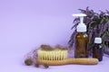 Medication bottles, hairbrush and herb heather on purple background. Hair loss problem.