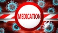Medication and covid, pictured by word Medication and viruses to symbolize that Medication is related to coronavirus pandemic, 3d