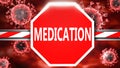 Medication and Covid-19, symbolized by a stop sign with word Medication and viruses to picture that Medication is related to the