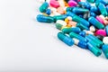 Medication with different types and colours. Tablets and pils Royalty Free Stock Photo