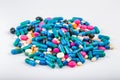 Medication with different types and colours. Tablets and pils Royalty Free Stock Photo