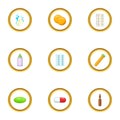 Medication icons set, cartoon style