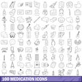 100 medication icons set, outline style