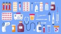 Medication icons set vector. Medicine icon collection. Medical tube, bottle spray, first aid bag are shown. Pharma sopping bag