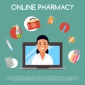 Medication online store banner vector illustration. Internet shopping. Female chemist selling drugs. Medicine, pharmacy