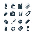 Medication pharmacology pills, tablets, medicine bottles vector icons Royalty Free Stock Photo