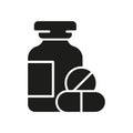 Medication Silhouette Icon. Antibiotic, Painkiller, Aspirin, Vitamin Tablet Glyph Pictogram. Pharmaceutical Medicament