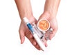 Medication and syringe needle with Hand Royalty Free Stock Photo