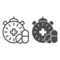 Medication time line and glyph icon. Pills and clock vector illustration isolated on white. Pharmacy time outline style Royalty Free Stock Photo