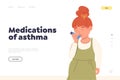 Medications from asthma online pharmacy service landing page with girl child using aerosol