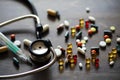 Medications and tablets on a wooden texture table Royalty Free Stock Photo