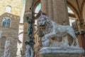 Medici Lion and Perseus statues in Loggia dei Lanzi. Royalty Free Stock Photo