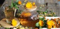 Medicinal autumn background. Herbal healthy marigold tea with a teapot, dried and fresh flowers on an autumn wooden background