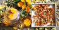 Medicinal autumn background. Herbal healthy marigold tea with a teapot, dried and fresh flowers on a wooden background with autumn