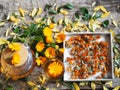 Medicinal autumn background. Herbal healthy marigold tea with a teapot, dried and fresh flowers on a wooden background with autumn