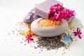 Medicinal bath salt, natural hygienic soap, dried organic lavender, hyacinth flowers and other products for skin care and spa Royalty Free Stock Photo