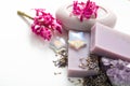 Medicinal bath salt, natural hygienic soap, dried organic lavender, pink flowers and other products for skin care and spa Royalty Free Stock Photo