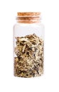 Medicinal herb in a bottle with cork stopper for medical use.
