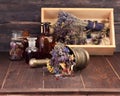 Medicinal herbs mortar and bottles tincture.
