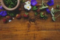 Medicinal herbs and strawberries, decoction of chamomile, yarrow and mint, tea. on a wooden background