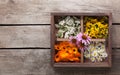 Medicinal herbs tansy daisy calendula yarrow in an old wooden bo Royalty Free Stock Photo