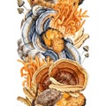 Medicinal mushrooms seamless border. Watercolor painted illustration. Various medicinal fungi in decorative border