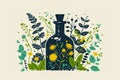 Medicinal plants encircling an amber bottle. Vintage illustration of an apothecary bottle with herbs. Concept of old Royalty Free Stock Photo