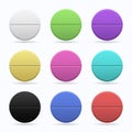 Medicinal tablets. Set of round flat tablets of different colors. Isolated objects on white background. Vector
