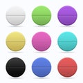 Medicinal tablets. Set of round flat tablets of different colors. Isolated objects on white background. Vector Royalty Free Stock Photo