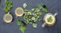 Medicinal tea in a glass teapot and cups with fresh and dried leaves of black currant on a black background Royalty Free Stock Photo