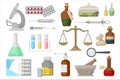 Medicine and Ancient Apothecary with Pills, Flask, Mixture Jar, Scales, Syringe and Microscope Big Vector Set