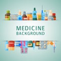 Medicine background banner vector illustration. Medicine, pharmacy, hospital set of drugs with labels. Medication Royalty Free Stock Photo