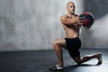 Medicine ball, gym or serious man focus on fitness workout for body health, core muscle building and strength Royalty Free Stock Photo