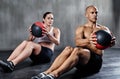 Medicine ball, health and fitness people doing bodybuilding workout, core muscle strength and gym performance. Exercise Royalty Free Stock Photo