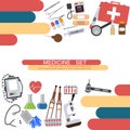 Medicine banner health tools medical hospital human service operation healthy care first aid kit vector illustration