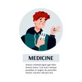Medicine banner with sick man taking pills cartoon vector illustration isolated. Royalty Free Stock Photo