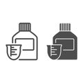 Medicine bottle and dose measuring cup line and glyph icon. Vitamin syrup symbol, outline style pictogram on white Royalty Free Stock Photo