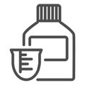 Medicine bottle and dose measuring cup line icon. Vitamin syrup symbol, outline style pictogram on white background Royalty Free Stock Photo