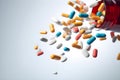 Medicine bottle and falling pills on white background by Generative AI