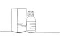 Medicine bottle with package, cough syrup, constipation syrup, herbal tincture, medicine one line art. Continuous line